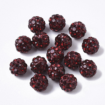 Pave Disco Ball Beads, Polymer Clay Pave Rhinestone Beads, Round, Half Drilled, Siam, PP15(2.1~2.2mm), 4 Rows Rhinestone, 6.5mm, Half Hole: 1mm
