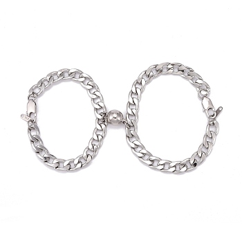 304 Stainless Steel Curb Chains Bracelets, Couple Bracelets, with Magnetic Clasps, Stainless Steel Color, 8-1/8 inch(20.5cm), 9-1/8 inch(23cm), 2pcs/set