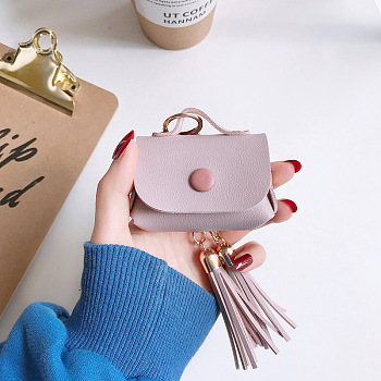 Imitation Leather Wireless Earbud Carrying Case, Earphone Storage Pouch, with Keychain & Tassel, with Hole, Handbag Shape, Pink, 128mm