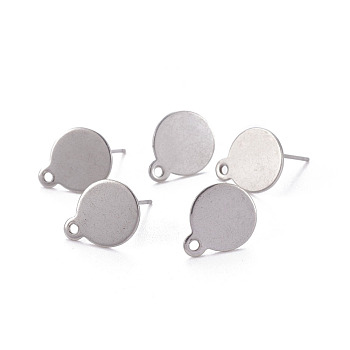 Accessoires de puces d'oreilles en 304 acier inoxydable, avec boucle et plaque plate, couleur inoxydable, 13x10.5x0.5mm, 12mm, pin: 0.8 mm, Trou: 1.5mm