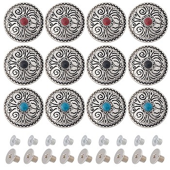 Gorgecraf 12 Sets 3 Colors Alloy Buttons, with Plastics Imitation Synthetic Turquoise, DIY Accessaries, Flat Round with Flower, Mixed Color, 2.55x0.8cm, Hole: 2.5mm, 4 sets/color