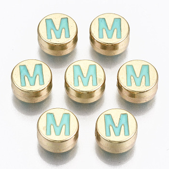 Alloy Enamel Beads, Cadmium Free & Lead Free, Flat Round with Initial Letters, Light Gold, Pale Turquoise, Letter.M, 8x4mm, Hole: 1.5mm