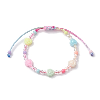 Adjustable Candy Color Heart Acrylic Braided Kid Beaded Bracelets for Girls, Colorful, Inner Diameter: 2-7/8 inch(7.25cm)