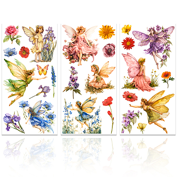 3 Sheets 3 Styles Flower PVC Waterproof Decorative Stickers, Self Adhesive Floral Decals for Furniture Decoration, Fairy, 300x150mm, 1 sheet/style