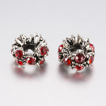 Tibetan Style Alloy Rhinestone European Beads, Large Hole Beads, Flower, Antique Silver, Red, 12x8mm, Hole: 5mm