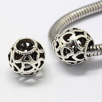 Alloy European Beads, Tibetan Style, Large Hole Beads, Rondelle with Heart, Hollow, Antique Silver, 11x11mm, Hole: 5mm