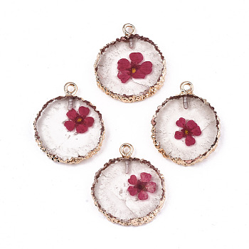 Transparent Clear Epoxy Resin & Dried Flower Pendants, with Edge Light Gold Plated Iron Loops, Flat Round, Cerise, 25~26x20~21x4.5mm, Hole: 1.8mm