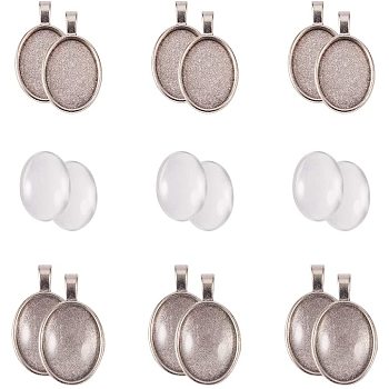 DIY Pendant Making, with Transparent Oval Glass Cabochons and Vintage Tibetan Style Alloy Pendant Cabochon Bezel Settings, Antique Silver, Cabochon: 25x18x5mm, Pendant: Tray: 18x25mm, 37x21x3mm, 40pcs/box