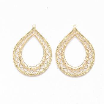 304 Stainless Steel Filigree Pendants, Textured, teardrop, with Lace, Golden, 46x33.5x0.5mm, Hole: 1.5mm