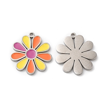 316L Surgical Stainless Steel Pendants, with Enamel, Flower Charm, Stainless Steel Color, 16x15x1mm, Hole: 1mm