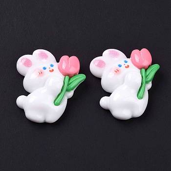 Opaque Resin Cabochons, Animal with Flower, White, Rabbit Pattern, 31x27.5x8mm