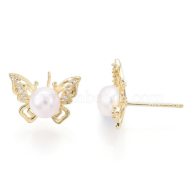 Brass Rhinestone Butterfly & Natural Pearl Stud Earrings(PEAR-N020-06G)-2