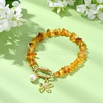 Flower Brass & Clear Cubic Zirconia Charm Bracelets, Natural Amber Chip Beaded Stretch Bracelets for Women, with Natural Cultured Freshwater Pearl Bead, Real 18K Gold Plated, 7.48 inch(19cm)(BJEW-JB13920)