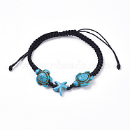 Nylon Thread Braided Bracelets, with Dyed Synthetic Turquoise(Dyed) Beads, Sea Turtle and Starfish/Sea Stars, Black, 2-1/8 inch~2-3/8 inch(5.5~5.9cm)(BJEW-JB04344)