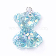 Resin Pendants, with Iron Loops and Glitter Sequins inside, Bear, Light Blue, 26x18.5x9mm, Hole: 2mm(RESI-WH0008-32A)