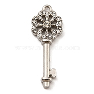 304 Stainless Steel with Rhinestone Pendants, Flower Key Charms, Stainless Steel Color, 29x10.5x3.5mm, Hole: 1.2mm(STAS-G310-25P)