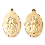 304 Stainless Steel Pendants, Oval with Saint Charm, Real 14K Gold Plated, 23x14x2.8mm, Hole: 1.4mm(STAS-L022-369G)