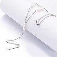 304 Stainless Steel Pendant Necklaces, Rectangle, with Freshwater Pearl Beads and 316 Surgical Stainless Steel Cable Chains, White, 16.73 inch(42.5cm)(NJEW-JN01650)