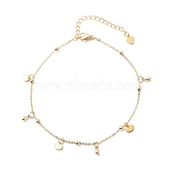Brass Cable Chains Anklets, with 304 Stainless Steel Heart Charms and Brass Teardrop Pendants, Golden, 9"(23cm)(AJEW-AN00518)