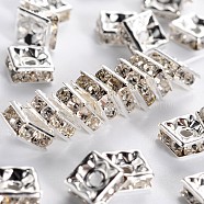 Brass Rhinestone Spacer Beads, Grade A, Square, Nickel Free, White, Silver Color Plated, Size: about 6x6x3mm, hole: 1mm(RSB072-01S)