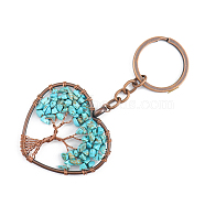 Synthetic Turquoise Pendant Keychains, with Brass Findings and Alloy Key Rings, Heart with Tree of Life, 10.7cm(HEAR-PW0001-148G)