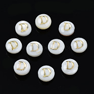 Natural Freshwater Shell Beads, with Golden Plated Brass Etched Metal Embellishments, Flat Round with Letter, Seashell Color, Letter.D, 6x4mm, Hole: 0.8mm(SHEL-S278-036D)