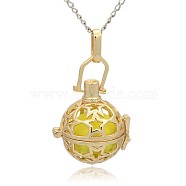 Golden Tone Brass Hollow Round Cage Pendants, with No Hole Spray Painted Brass Round Beads, Champagne Yellow, 35x25x21mm, Hole: 3x8mm(KK-J226-01G)