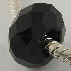 Black Faceted No Metal Core Rondelle Glass Large Hole European Beads, about 14mm in diameter, 8mm thick, hole: 5mm(X-N0ZTG081-1)