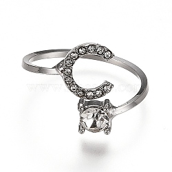 Alloy Cuff Rings, Open Rings, with Crystal Rhinestone, Platinum, Letter.C, US Size 7 1/4(17.5mm)(RJEW-I075-01P-C)