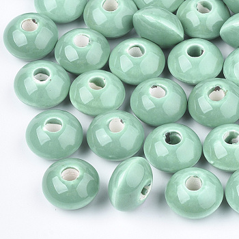 Handmade Porcelain Beads, Bright Glazed Porcelain, Rondelle, Medium Aquamarine, 12x7mm, Hole: 2mm