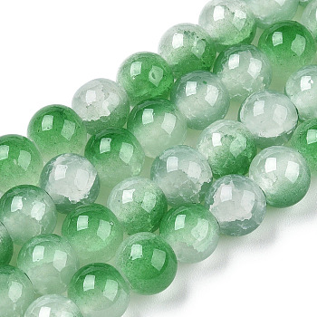 Crackle Baking Painted Imitation Jade Glass Beads Strands, Two Tone, Round, Green, 10mm, Hole: 1.4mm, about 80pcs/strand, 30.87''(78.4cm)
