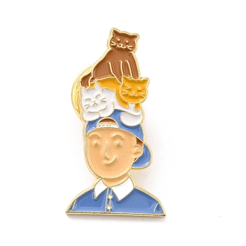 Boy with Cat Enamel Pin, Creative Alloy Enamel Brooch for Backpack Clothes, Golden, Cornflower Blue, 30x16x9.5mm, Pin: 1mm