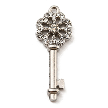 304 Stainless Steel with Rhinestone Pendants, Flower Key Charms, Stainless Steel Color, 29x10.5x3.5mm, Hole: 1.2mm