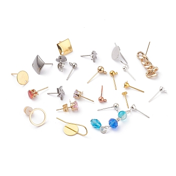 Stainless Steel & Brass Stud Earring Findings, with Loop, Mixed Shapes, Mixed Style, Mixed Color, 4~45x4~13mm, hole: 0.6~1mm, Pin: 0.8mm