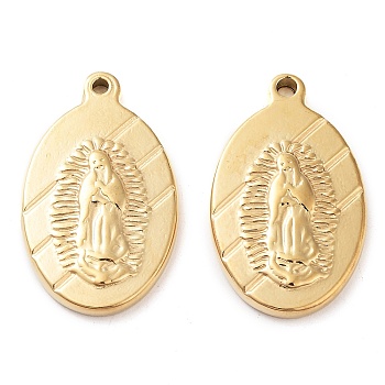 304 Stainless Steel Pendants, Oval with Saint Charm, Real 14K Gold Plated, 23x14x2.8mm, Hole: 1.4mm