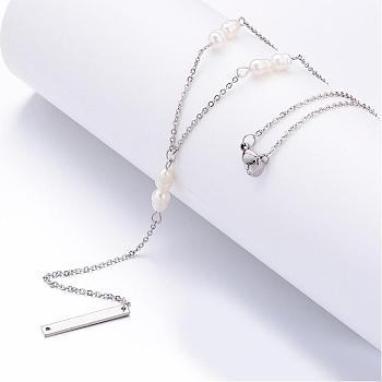 304 Stainless Steel Pendant Necklaces, Rectangle, with Freshwater Pearl Beads and 316 Surgical Stainless Steel Cable Chains, White, 16.73 inch(42.5cm)