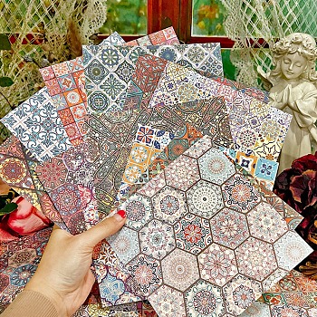 24 Sheets 12 Patterns Mandala Flower Scrapbook Paper Pads, for DIY Album Scrapbook, Background Paper, Diary Decoration, Square with Tile Pattern, Mixed Color, 152x152mm, 2 sheets/pattern