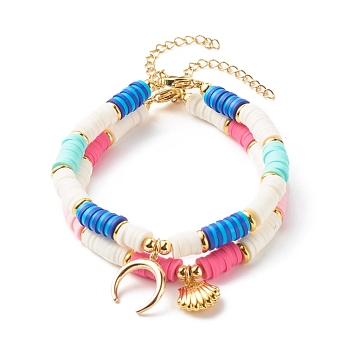 Double Horn/Crescent Moon & Shell Charm Bracelets Set, Handmade Polymer Clay Heishi Beads Surfering Bracelets for Women, Golden, Mixed Color, 7-3/4 inch(19.8cm), 2pcs/set