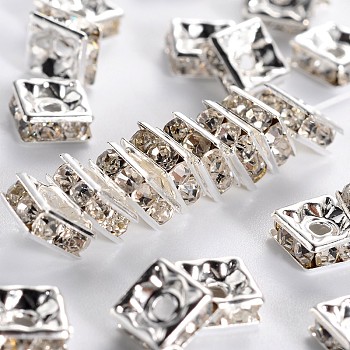 Brass Rhinestone Spacer Beads, Grade A, Square, Nickel Free, White, Silver Color Plated, Size: about 6x6x3mm, hole: 1mm