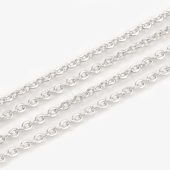 3.28 Feet Brass Cable Chains, Soldered, Flat Oval, Real Platinum Plated, 1.5x1.3x0.3mm