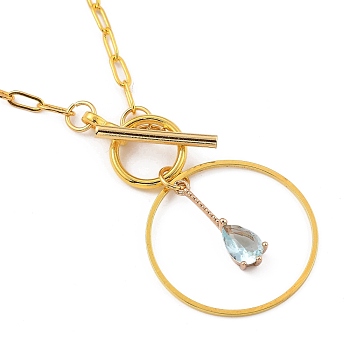 Teardrop Transparent Glass Pendant Necklaces, with Alloy Toggle Clasps, Brass Paperclip Chains & Linking Rings, Golden, Pale Turquoise, 20.67 inch(52.5cm)