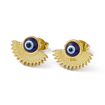 Blue Resin Evil Eye with Fan Stud Earrings, Vacuum Plating 304 Stainless Steel Jewelry for Women, Golden, 11x15.5mm, Pin: 0.8mm