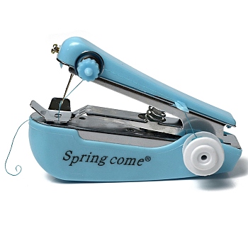 ABS Plastic Hand Sewing Machine, with Iron & Alloy Findings, Portable Multi-Function Home Assistant, Mini Handheld Cordless Sewing Machines, for Repairing Garment Fabrics Curtains Leather, Sky Blue, 107x43x70mm