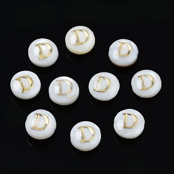 Natural Freshwater Shell Beads, with Golden Plated Brass Etched Metal Embellishments, Flat Round with Letter, Seashell Color, Letter.D, 6x4mm, Hole: 0.8mm
