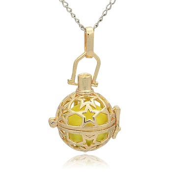 Golden Tone Brass Hollow Round Cage Pendants, with No Hole Spray Painted Brass Round Beads, Champagne Yellow, 35x25x21mm, Hole: 3x8mm