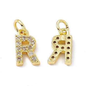 Real 18K Gold Plated Brass Micro Pave Clear Cubic Zirconia Charms, with Jump Ring, Letter.R, 11.5x7x2.5mm, Hole: 3.4mm