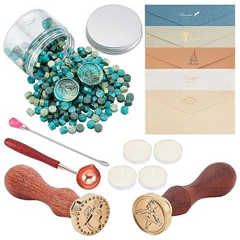 CRASPIRE DIY Wax Seal Stamp Kits, Including Brass Wax Seal Stamp, Wood Handle, Sealing Wax Particles, Iron Stirring Rod Spoon, Brass Spoon, Candle, Paper Envelope, Mixed Color, Sealing Wax Particles: 0.9x0.9cm, about 100g/300pcs, 300pcs