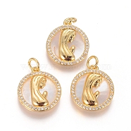 Brass Pendants, with Micro Pave Cubic Zirconia,  Shell and Jump Rings, Flat Round with Virgin Mary, Clear, Golden, 17.5x15.5x2.5mm, Hole: 3.5mm(X-KK-I656-35G)