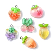 Gradient Color Translucent Resin Pendants, Fruit Charms with Platinum Plated Iron Loops, Mixed Color, Mixed Shapes, 22.5~27x14~19.5x8.5~9mm, Hole: 2mm(RESI-P039-02C)