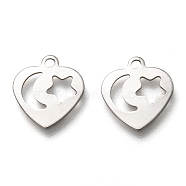 201 Stainless Steel Charms, Laser Cut, Heart with Hollow Moon & Star, Stainless Steel Color, 12x11x0.5mm, Hole: 1.4mm(STAS-B001-12P)